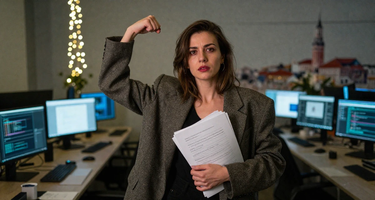 A emotional Female From Serbia, based in Niš, graduated from a media program majoring in intimate persona development in their 28, cultivating a sophisticated taste in art, wearing a oversized blazer draped over the shoulders, carrying a stack of documents in a cybernetic computer lab.