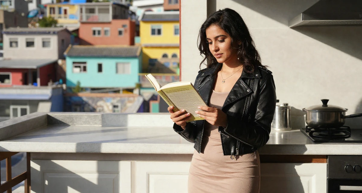 A lighthearted Female From Pakistan, based in Lahore, graduated from a business school majoring in marketing management in their 24, seriously considering moving to a new country, wearing a cropped leather jacket and a bodycon dress, reading a book intently in a sunlit kitchen island.