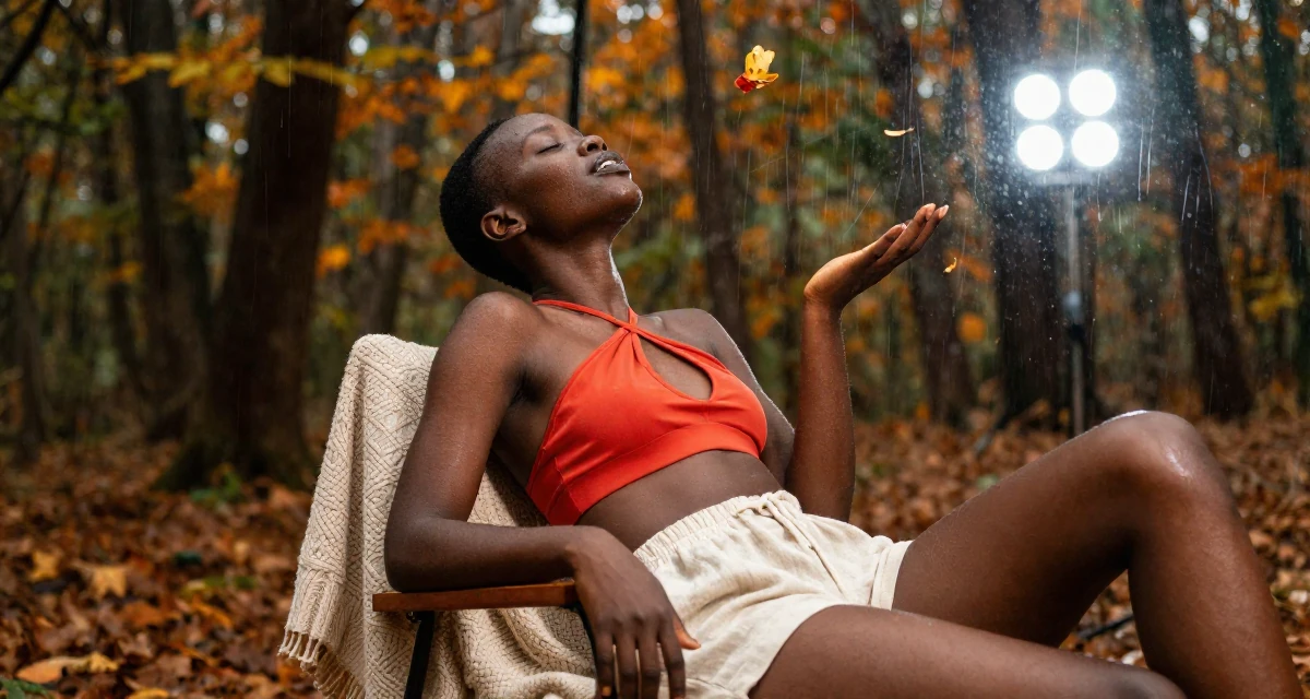 A radiant Female From Ivory Coast, studied music production in their 23, experimenting with bolder lingerie styles while staying safe, wearing a criss-cross halter neck top and linen shorts, catching a falling flower petal in a autumn forest.