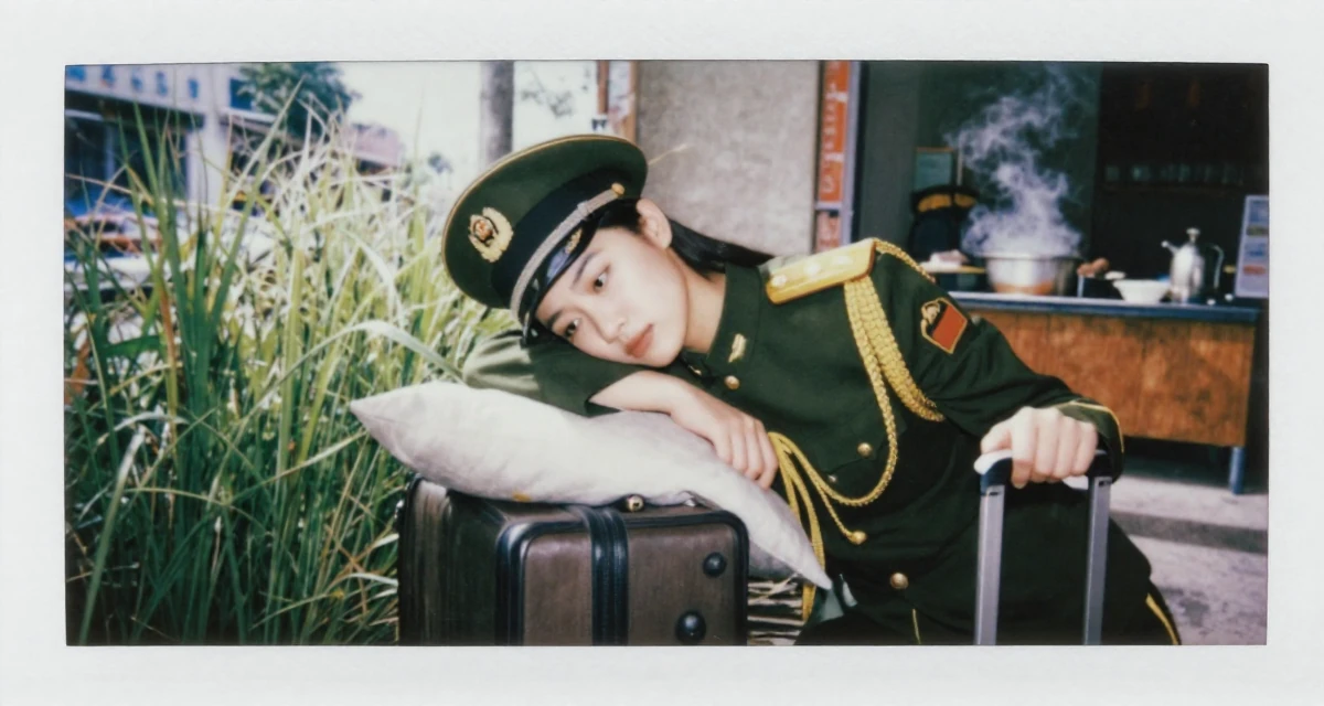 A wistful Female From Guangzhou China, learned fashion styling through studio work in their 24, understanding personal limits and staying safe, wearing a military general uniform with gold braiding and a hat, pulling a suitcase in a sunlit living room.