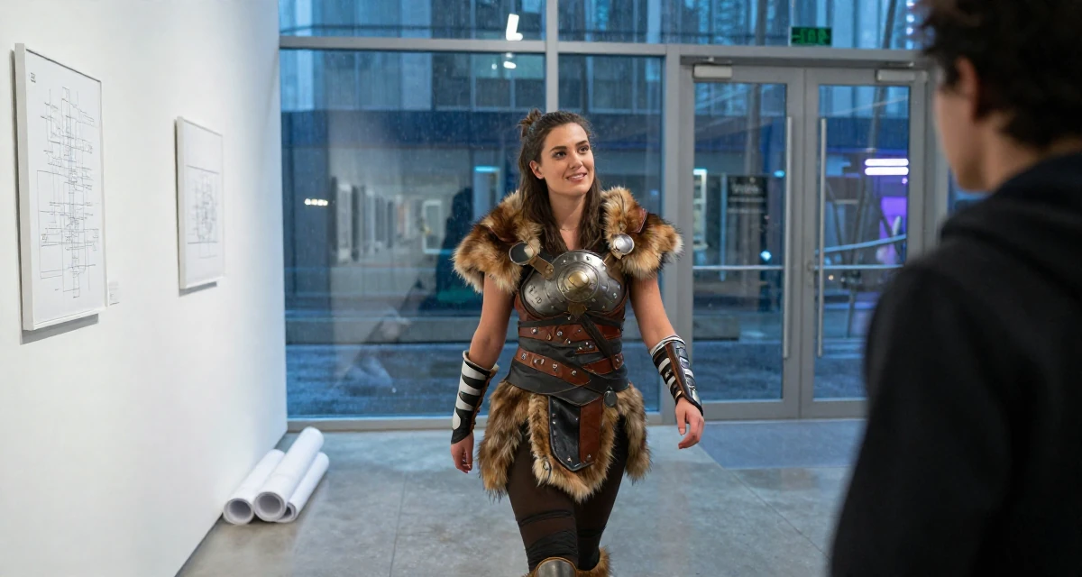 A expectant Female Previously a bartender, now expressing nightlife energy through content in their 24, learning to say no without guilt, wearing a viking shield-maiden outfit with fur and leather, smiling at a stranger in a art gallery hall.