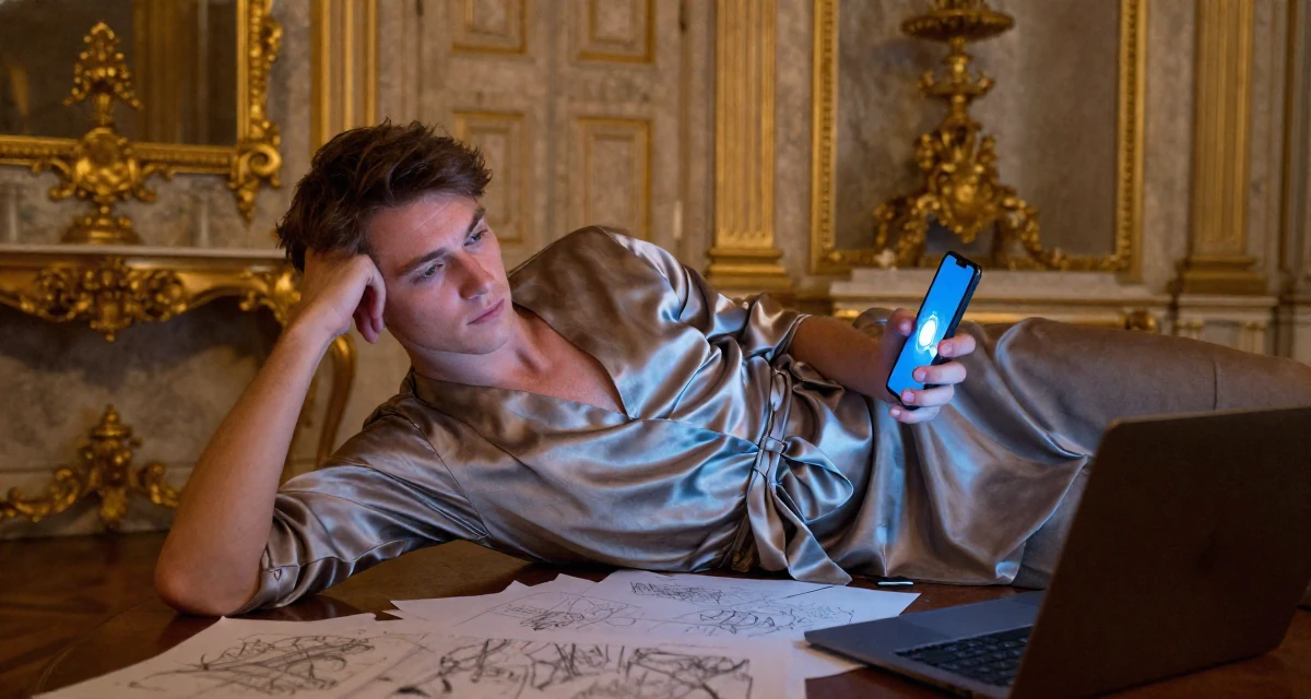 A guarded male From Belgium, studied film production in their 25, handling pressure from family expectations, wearing a satin wrap dress tied loosely at the waist, leaning head on a hand in a royal palace throne room.