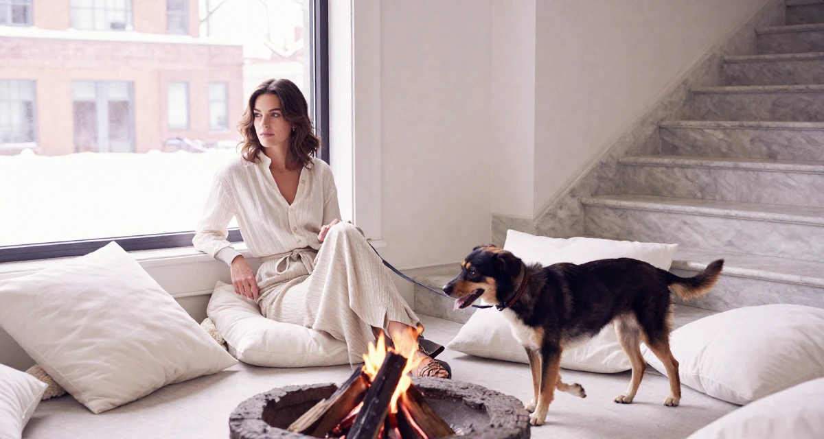 A proud and dignified Female From Canada, based in Montreal, graduated from a design program majoring in intimate visual arts in their 31, balancing career peaks with personal downtime, wearing a light and airy spring attire, walking a dog (leash visible) in a campfire circle.