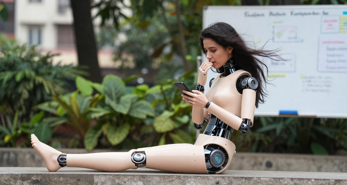 A unbothered Female From Bangalore India, holds a degree in software engineering in their 22, biting a lip while checking a phone, wearing a cybernetic doll outfit with porcelain-like skin textures, shielding face from the wind in a botanical garden.
