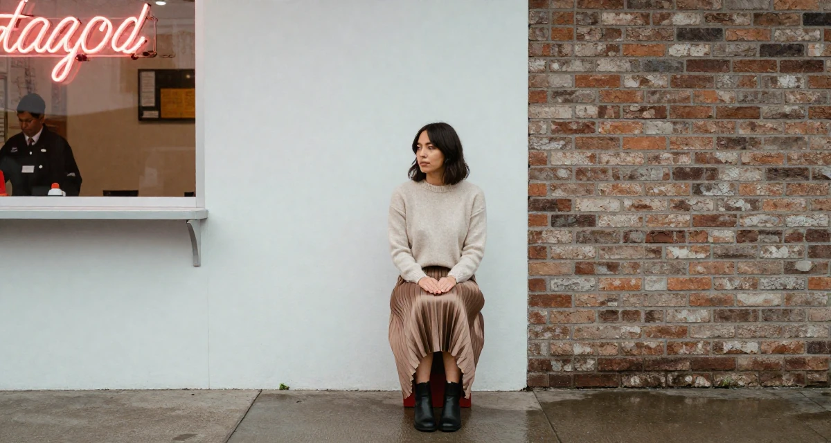 A reflective Female Once a tattoo shop cashier, now modeling body-art-centric content in their 33, building a supportive online community, wearing a soft cashmere sweater and a pleated midi skirt, shivering slightly in a retro 50s diner.