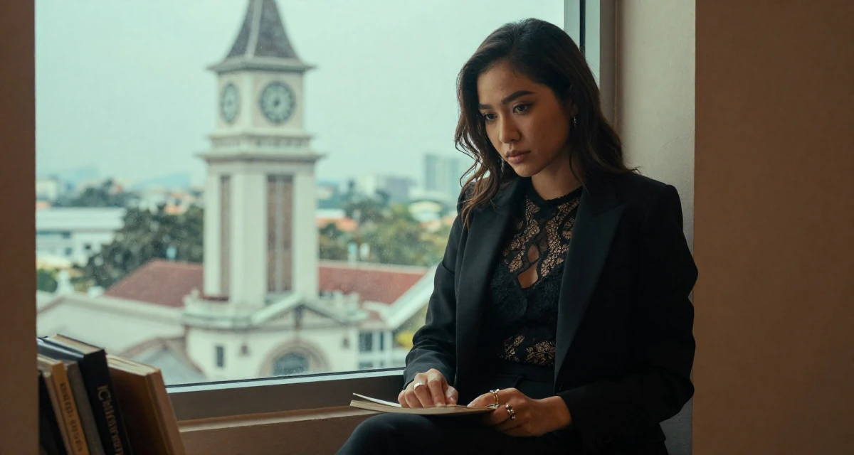 A enigmatic Female From Thailand, majored in entertainment business in their 22, building early digital portfolios, wearing a black lace top under a business suit, playing with a ring in a cozy reading nook by a window.