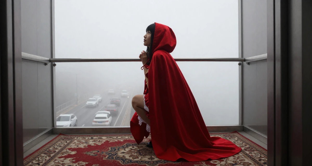 A playful Female From Shanghai China, majored in journalism in their 23, seeking spiritual grounding amidst chaos, wearing a red riding hood inspired cape and corset dress, watching traffic pass by in a elevator hall.