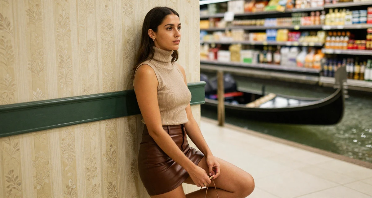 A calm and confident Female From Madagascar, majored in ecotourism in their 32, recovering from burnout and prioritizing rest, wearing a fitted turtleneck sleeveless top and a leather mini skirt, tying a shoelace in a supermarket aisle.