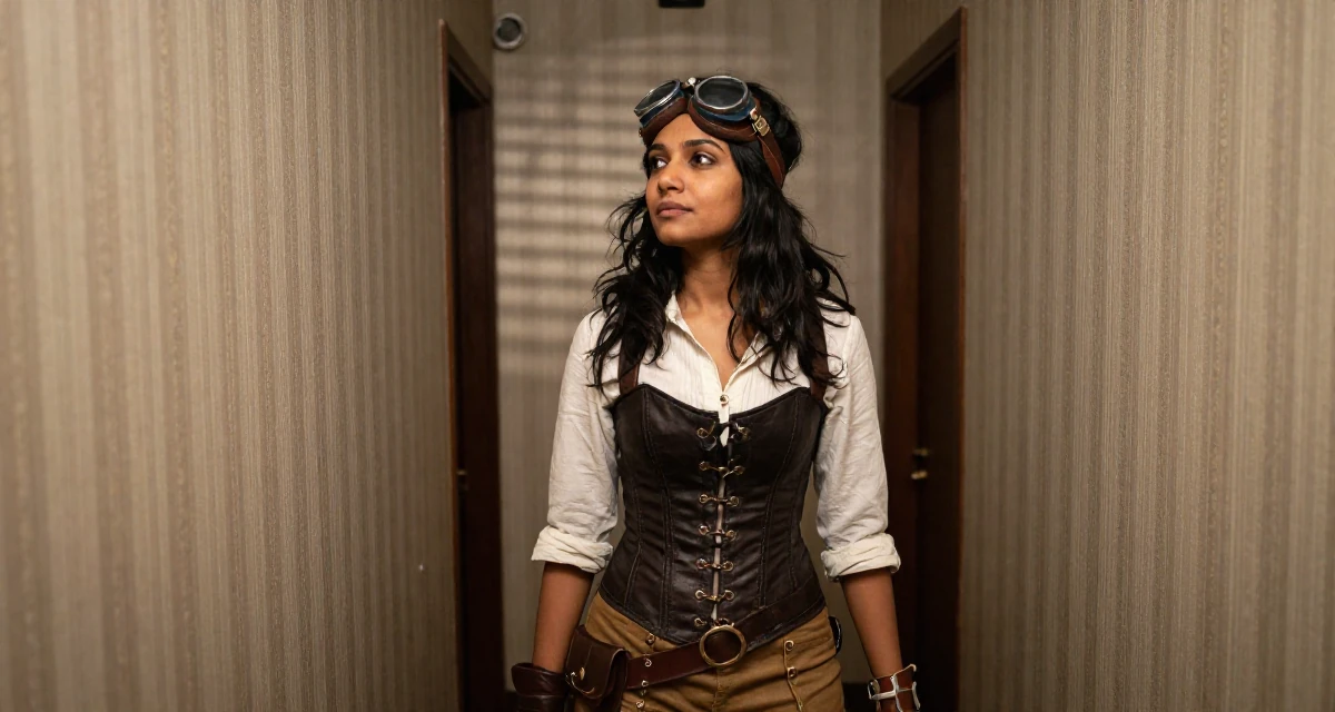 A dreamy Female From India, based in Bangalore, graduated from a technical institute majoring in information systems in their 28, understanding that burnout is part of the cycle, wearing a steampunk adventurer outfit with a corset and goggles, rolling up sleeves in a narrow hallway.