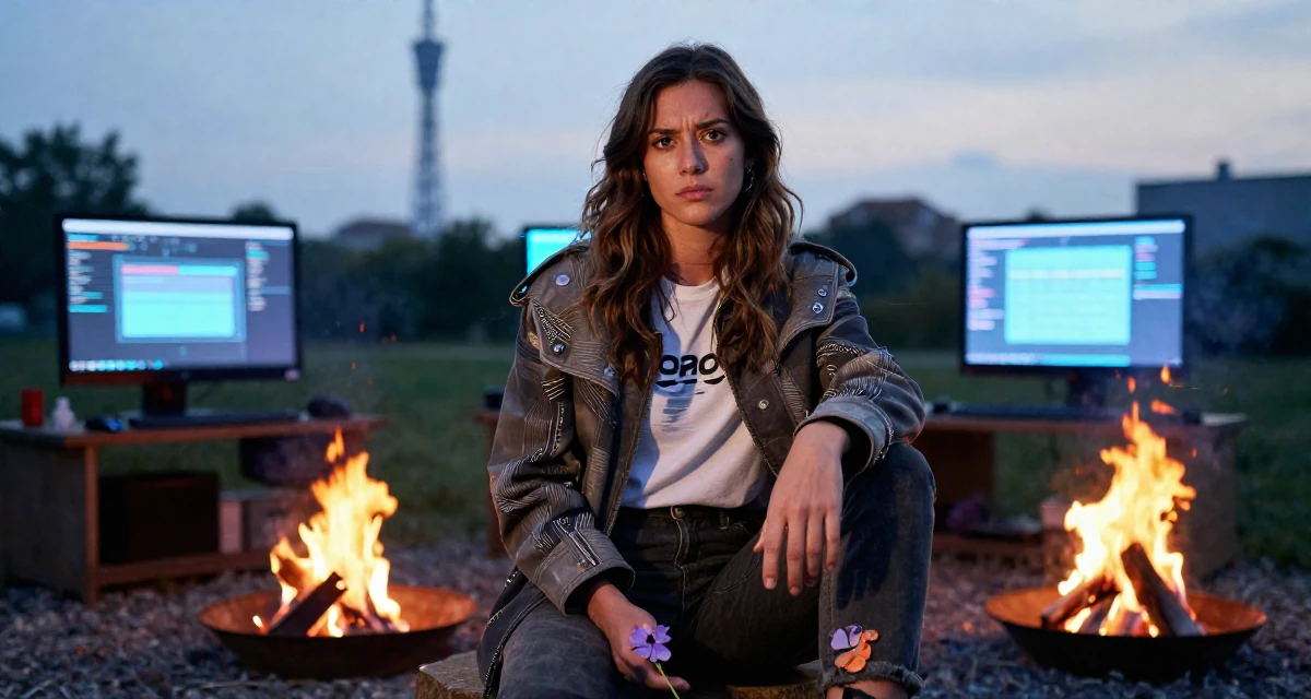A impatient Female From Italy, based in Milan, graduated from a design school majoring in sensual visual communication in their 25, shaping long-term career direction, wearing a structured jacket with casual tee, holding a single flower in a campfire circle.