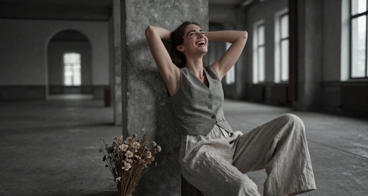 A fearless Female From Slovakia, based in Bratislava, graduated from a media school majoring in mood-driven digital design in their 22, romanticizing the struggle of city living, wearing a sleeveless vest top and wide-leg linen pants, laughing uncontrollably in a industrial loft.