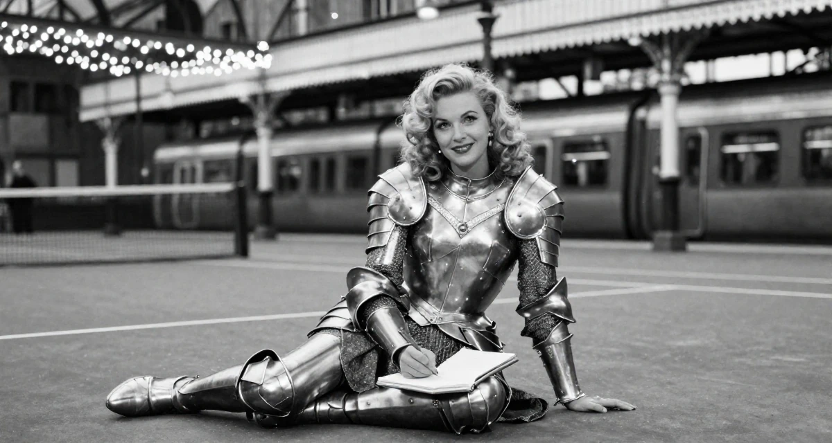 A smirking Female From UK, has a background in history and archaeology in their 24, facing pressure to reinvent the brand constantly, wearing a fantasy warrior princess armor made of silver metal, writing in a notebook in a tennis court.