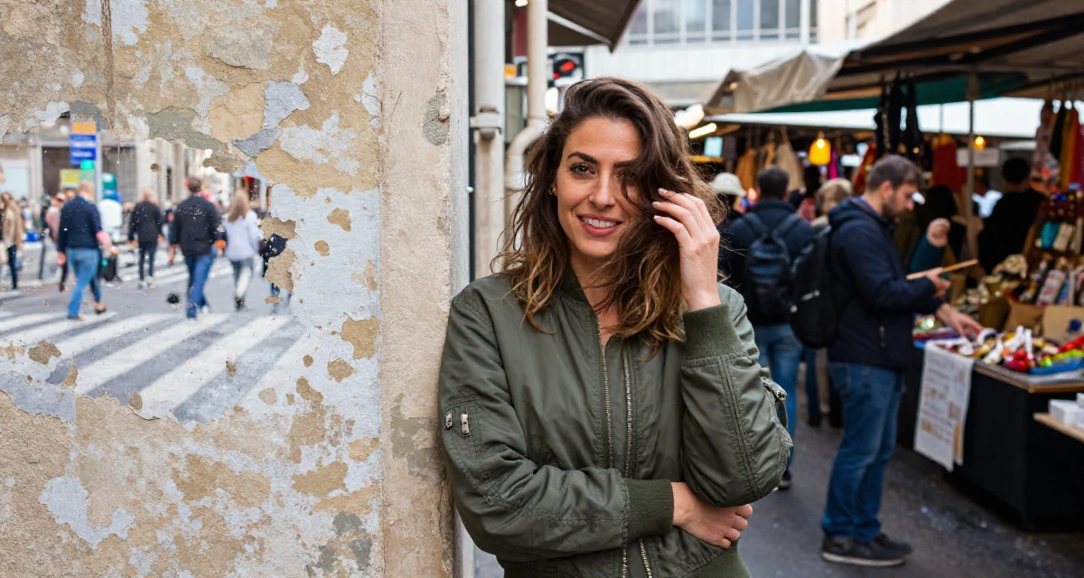 A radiant Female From France, based in Marseille, graduated from a creative college majoring in intimate portrait photography in their 49, creating content about cultural heritage, wearing a classic bomber jacket style, brushing hair away from the face in a bustling market.