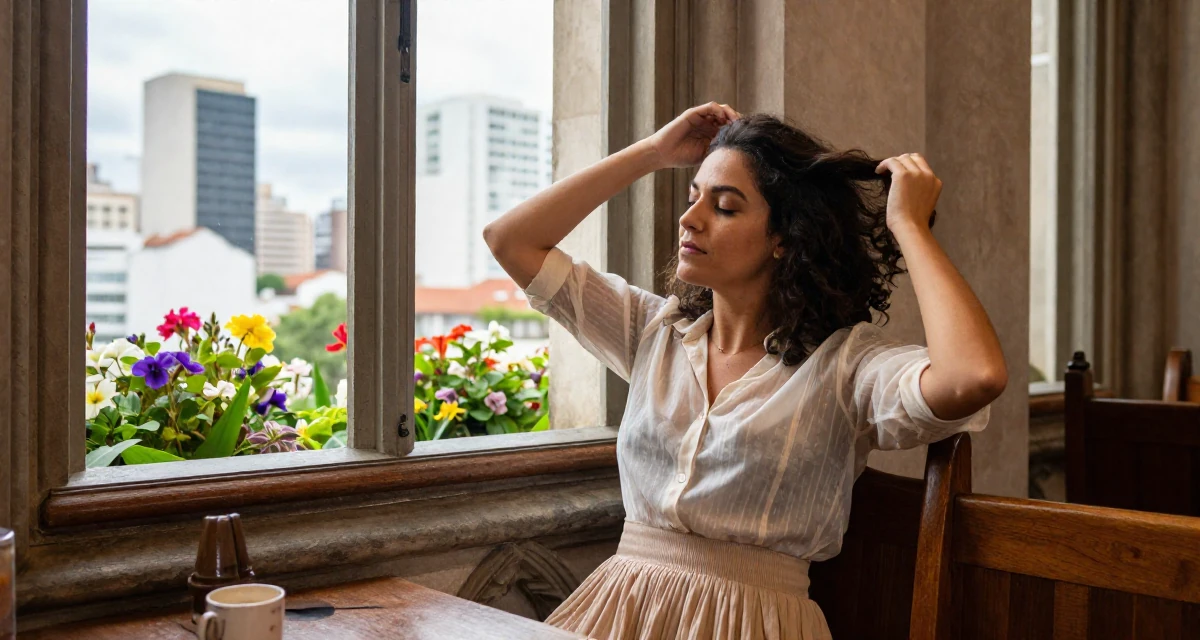 A relieved Female From Brazil, has a background in journalism in their 24, embracing weekends of solitude and rest, wearing a sheer sleeve blouse and a high-waisted skirt, messing up hair playfully in a gothic cathedral interior.