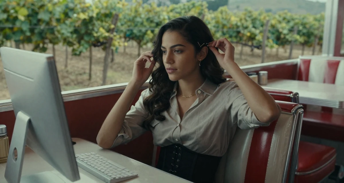 A serene Female From Guatemala, studied computer networks in their 34, redefining what success means personally, wearing a button-up shirt with a corset belt and black pants, adjusting a hairpin in a retro 50s diner.