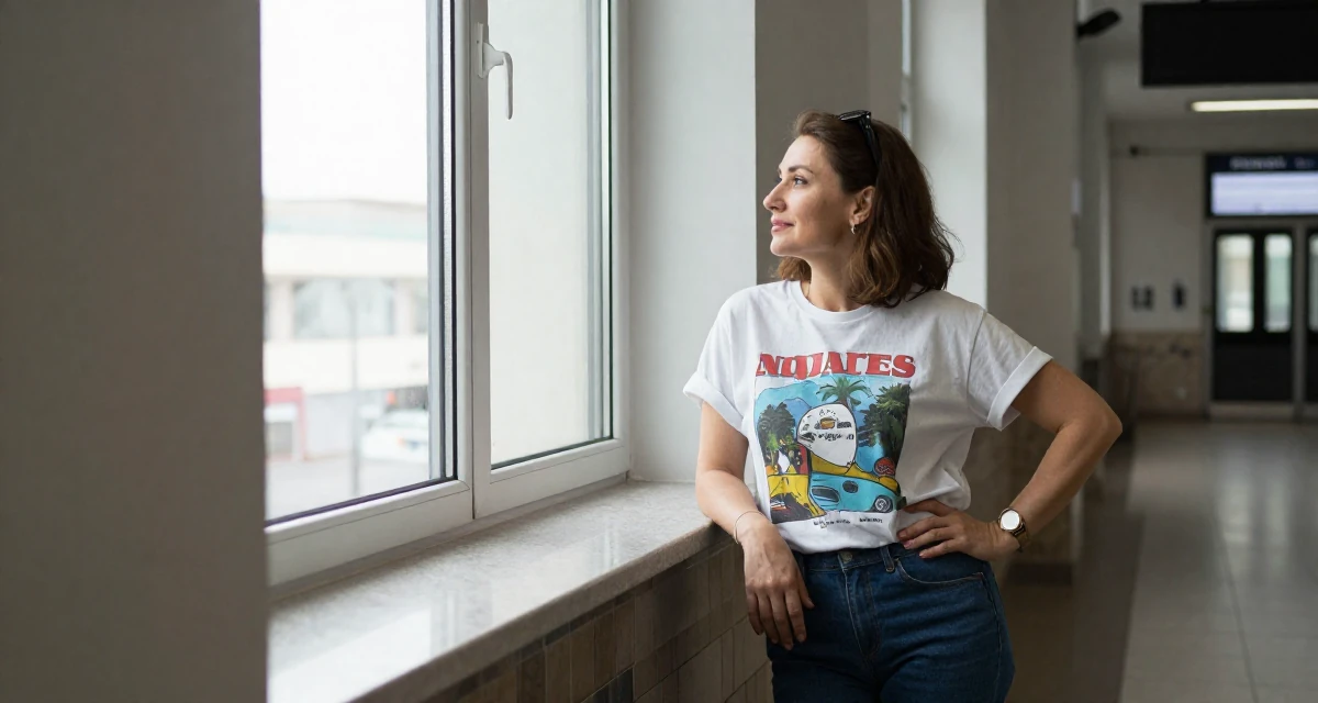A vibrant and alive Female Raised in Kazakhstan, majored in global business in their 47, solo traveler exploring the world in luxury, wearing a laid-back graphic tee and jeans, looking out the window in a cinema entrance.