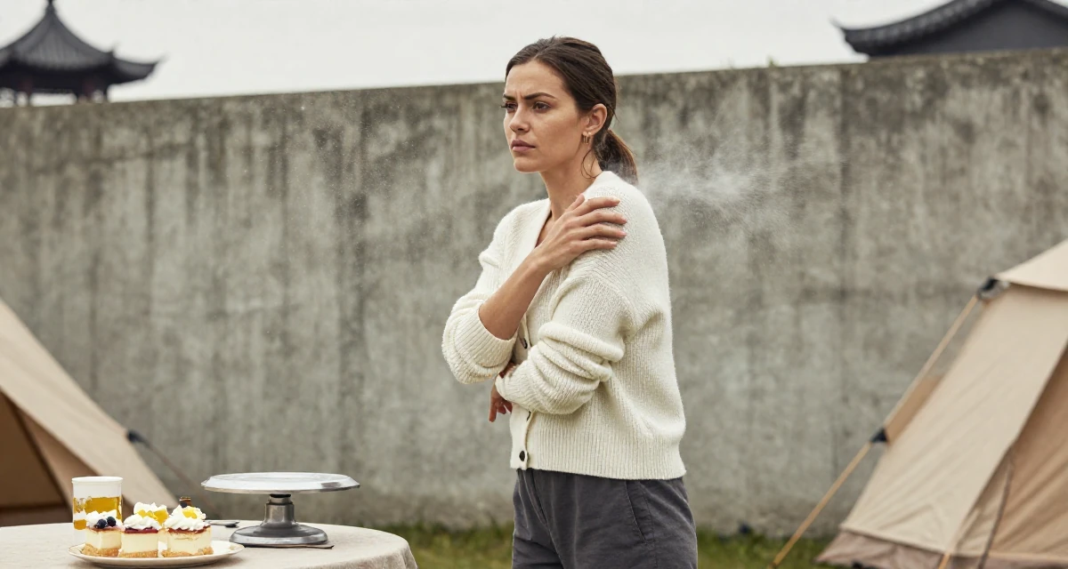 A wistful Female Previously a pastry student, now blending dessert aesthetics with lifestyle content in their 46, running a household with teens, wearing a cozy knit cardigan and slacks, dusting off the shoulder in a camping site.