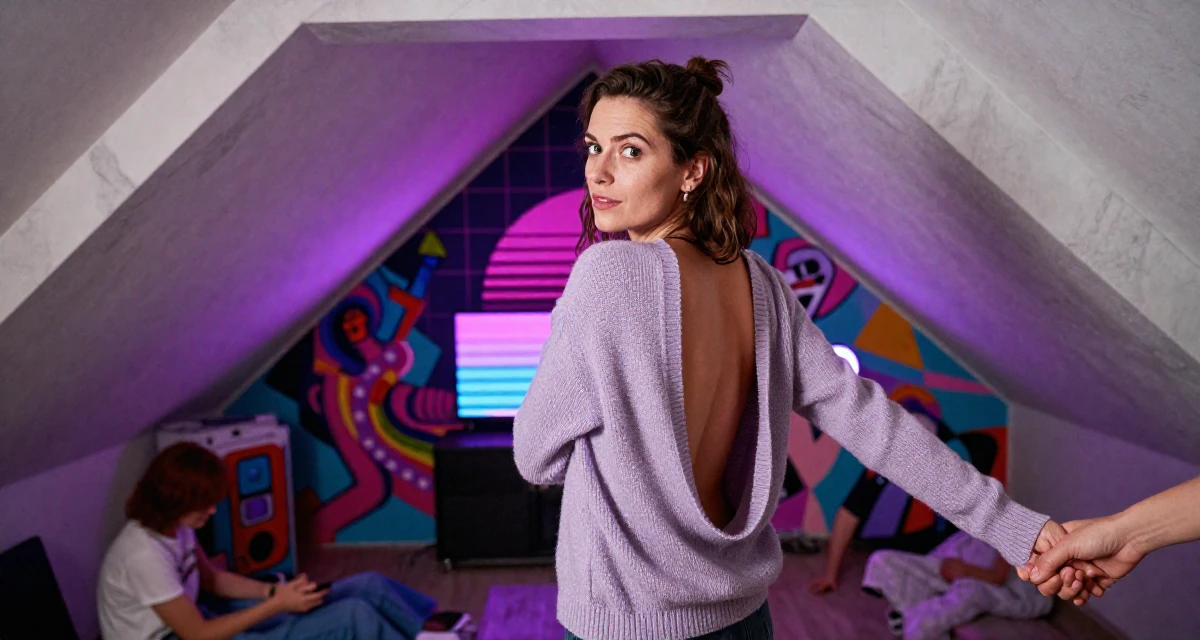 A observant Female From Germany, has a background in psychology in their 37, embracing the chaos of family life with humor, wearing a open-back sweater showing the spine, holding hands with someone unseen in a attic room.