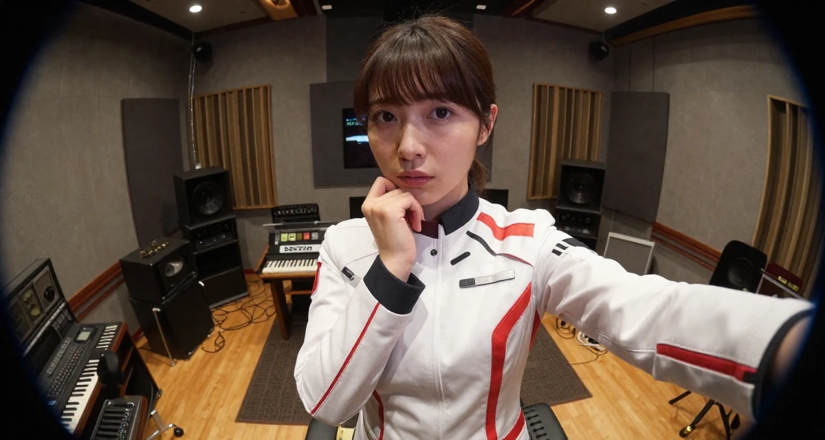 A focused Female From Japan, majored in interactive media in their 25, rethinking long-term career trajectory, wearing a futuristic medic uniform with white and red details, resting a chin on a hand in a music studio.