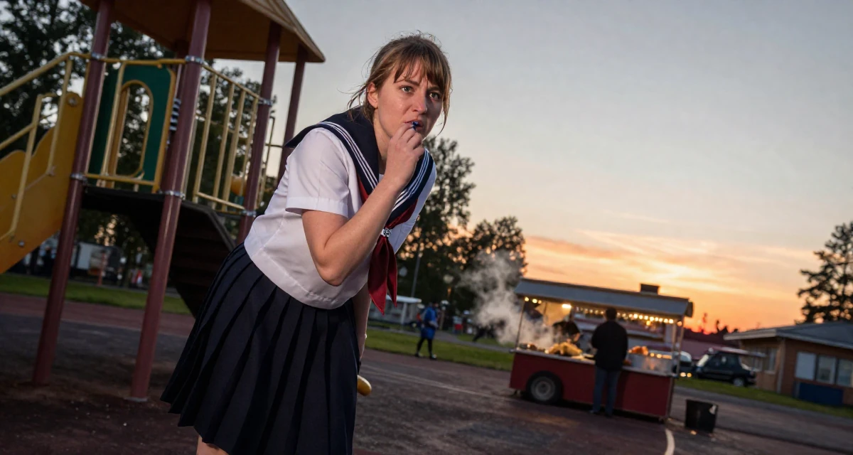 A troubled Female From Helsinki Finland, practiced emotional expression through self-portrait art in their 46, running a household with teens, wearing a Japanese school sailor uniform (seifuku) with a pleated skirt, chewing on a pen thoughtlessly in a school playground.