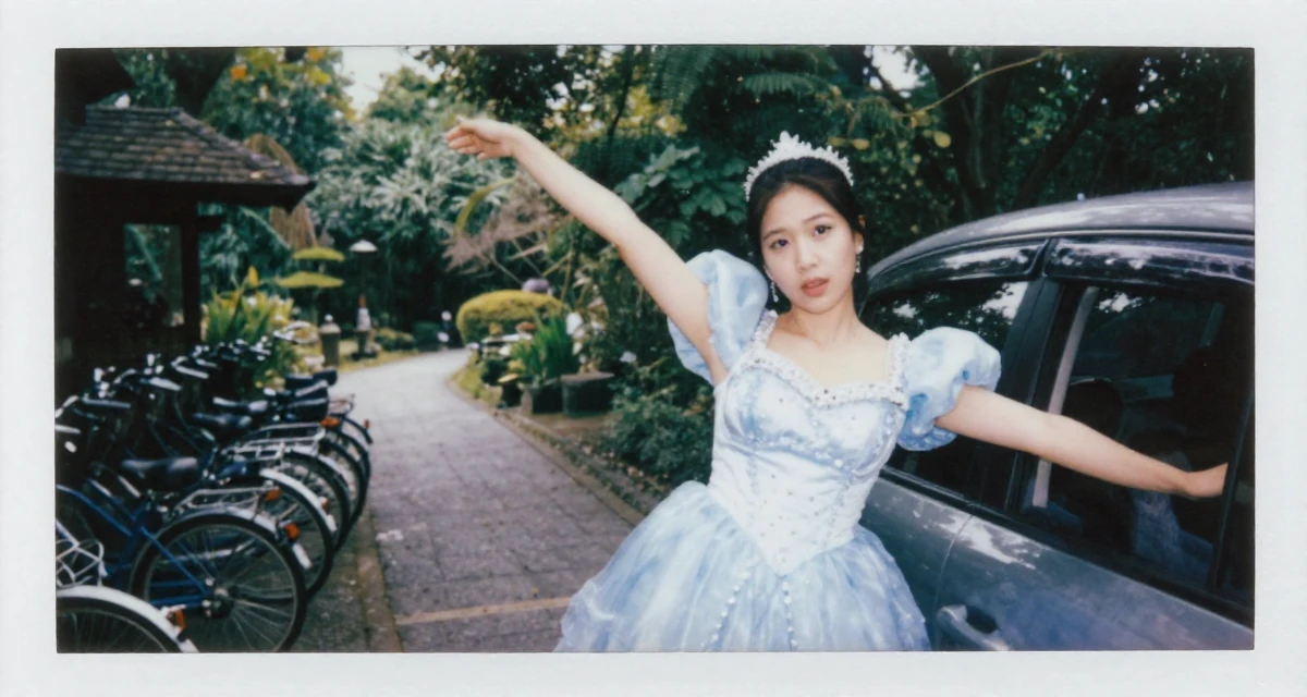 A confused Female From Cebu Philippines, majored in nursing in their 25, confident enough to wear what they truly like, wearing a snow queen gown with ice crystal details, stretching arms after waking in a magical forest clearing.