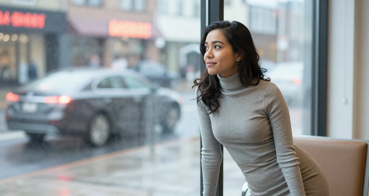 A mischievous Female From USA, studied supply chain management in their 28, new to financial independence, wearing a fitted turtleneck and skirt, looking out the window in a waiting room.