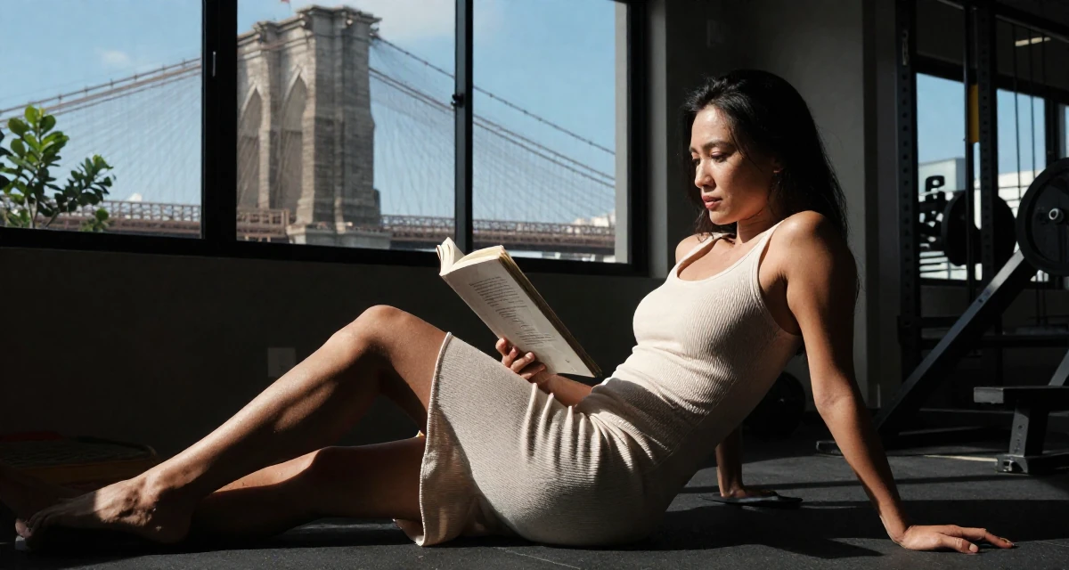A relaxed and observant Female From Bandung Indonesia, studied journalism in their 45, documenting the renovation of a vacation home, wearing a fitted ribbed dress, reading a book intently in a gym interior.