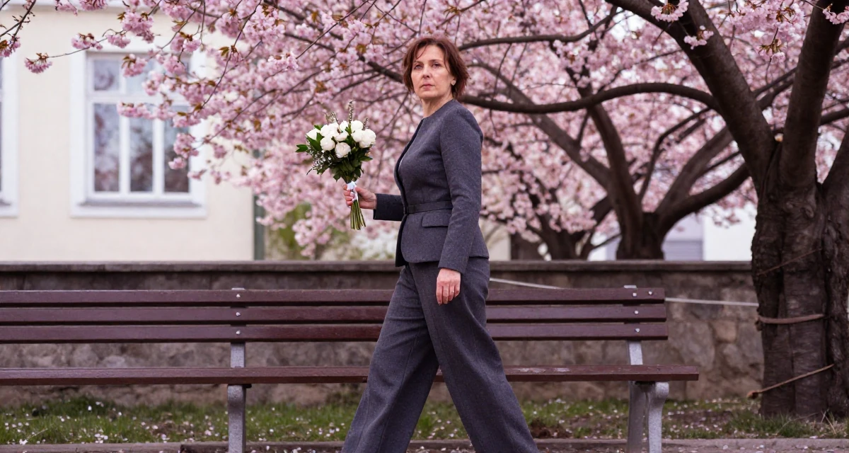 A seriously concentrated Female From Bulgaria, based in Varna, graduated from an arts college majoring in atmospheric performance aesthetics in their 51, switching careers later in life, wearing a fitted waist coat and wide leg trousers, holding a bouquet in a park bench.