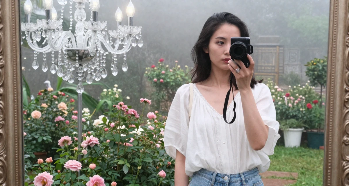 A observant Female From Shenzhen China, studied makeup artistry while modeling part-time in their 28, investing in high-quality lifestyle upgrades, wearing a breezy summer vacation outfit, playing with a ring on a finger in a blooming flower garden.
