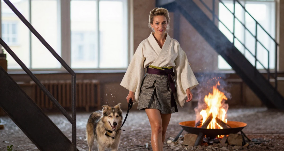 A sincere Female From Saint Petersburg Russia, studied visual storytelling in theatrical setups in their 42, passionate about sustainable luxury living, wearing a shrine maiden outfit with a short hakama skirt, walking a dog (leash visible) in a campfire circle.