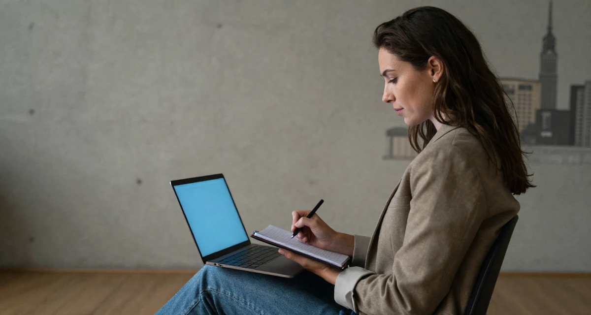 A reassured Female From Milan Italy, trained in fashion-editorial posing in their 30, weighing long-term health against constant digital hustle, wearing a business casual outfit with jeans and a blazer, writing in a notebook in a yoga studio.