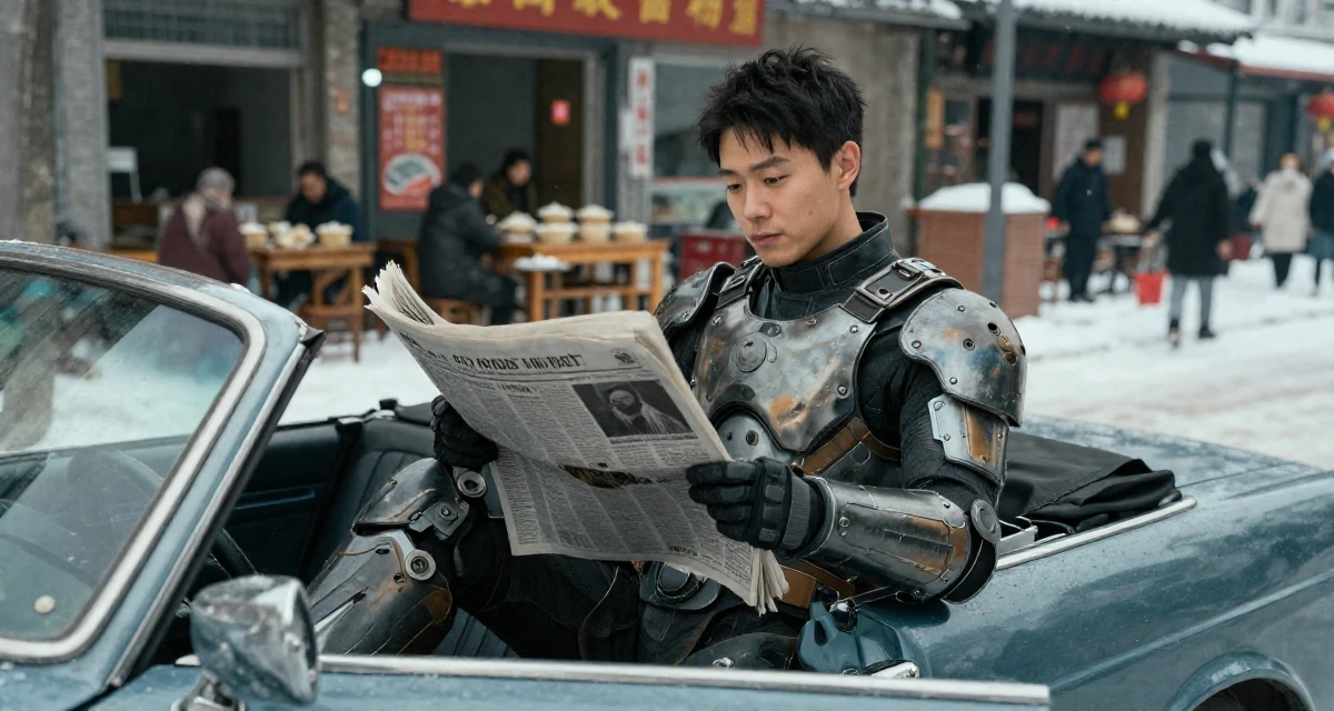 A lighthearted male From Wuhan China, learned social media branding through indie projects in their 22, trying to grow without losing privacy or sanity, wearing a biopunk organic armor suit, holding a newspaper in a vintage convertible car.