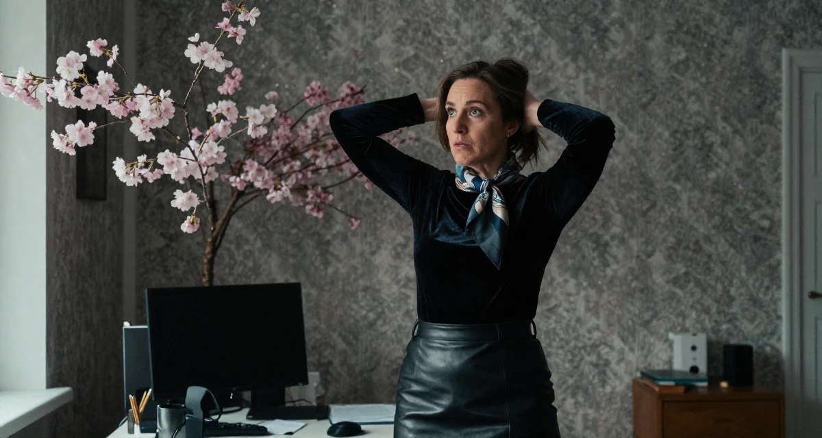 A awestruck Female From Norway, based in Stavanger, graduated from a cultural college majoring in mood-centered photography in their 47, sharing tips on managing a multigenerational home, wearing a fitted velvet top and a leather skirt, wrapping a scarf around the neck in a office workspace.
