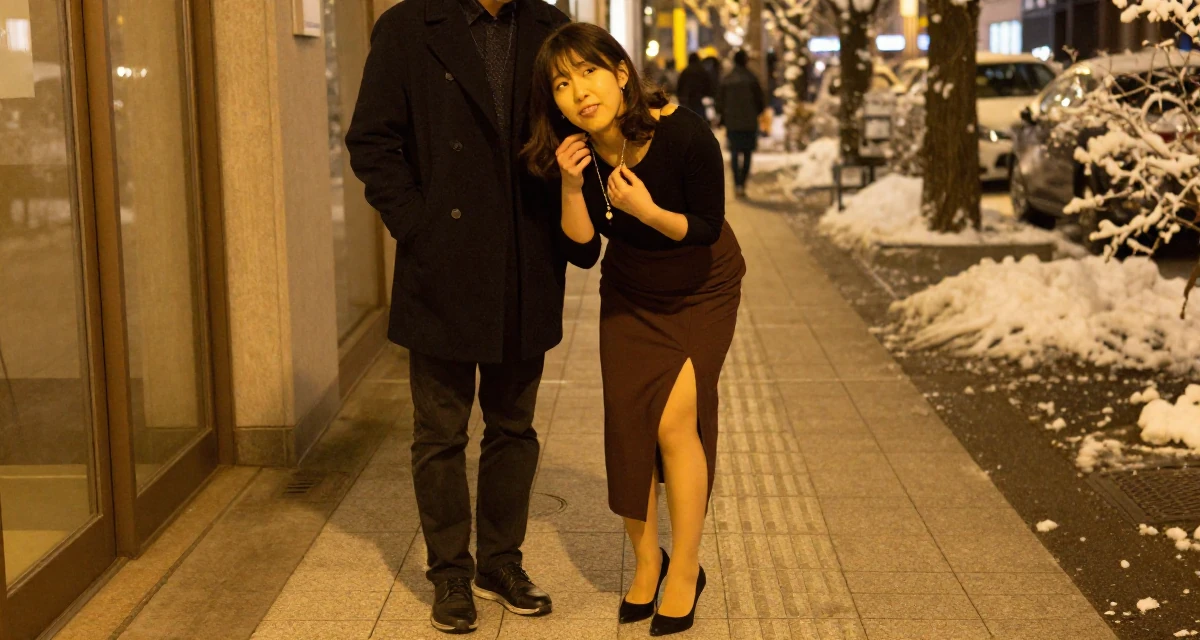 A teasing Female From Japan, based in Osaka, graduated from a local college majoring in marketing in their 24, exploring side hustles to supplement income, wearing a elegant midi skirt with a high slit and heels, fiddling with a necklace in a city sidewalk.