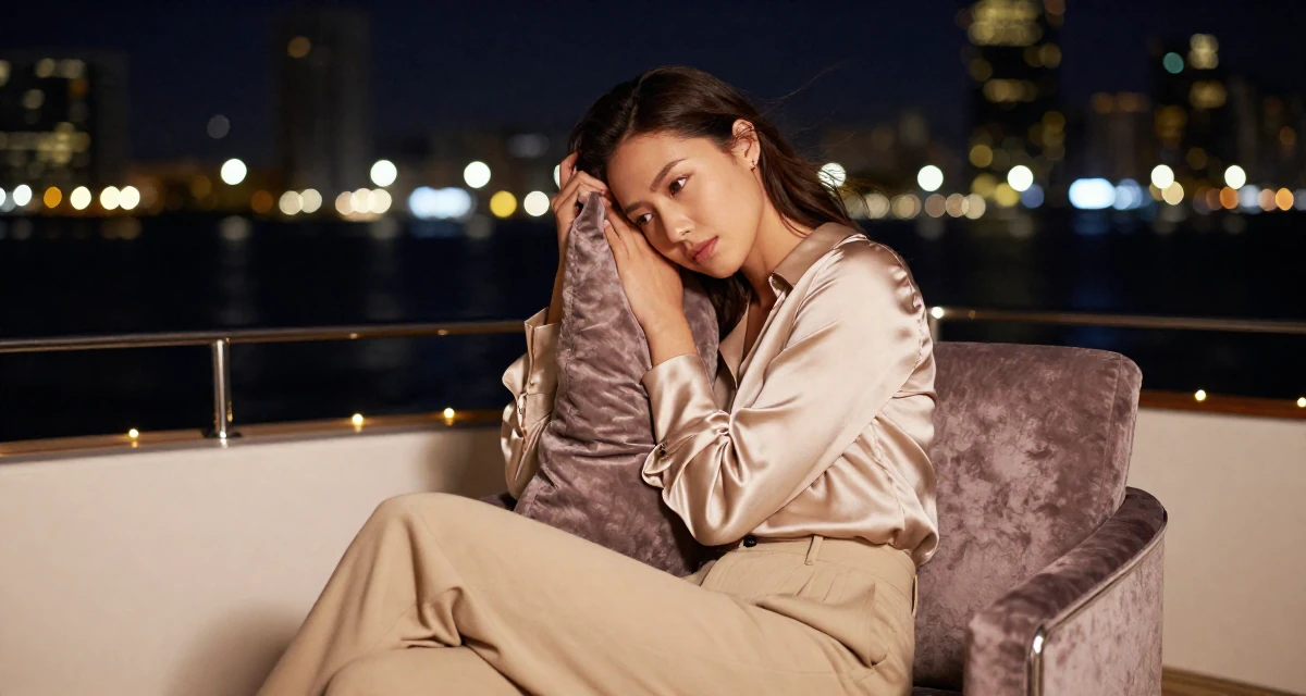 A introspective Female From United States, majored in development economics in their 22, dealing with burnout from too many posting expectations, wearing a high-waisted beige trousers and a tucked-in satin blouse, hugging a pillow or cushion in a yacht deck.