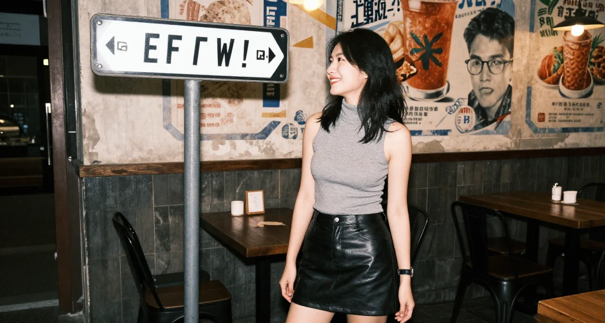 A warm and welcoming Female Once a gamer girl streamer, now expanding into lifestyle creator work in their 26, dealing with younger competition while finding identity, wearing a fitted turtleneck sleeveless top and a leather mini skirt, looking at a street sign in a cozy café.