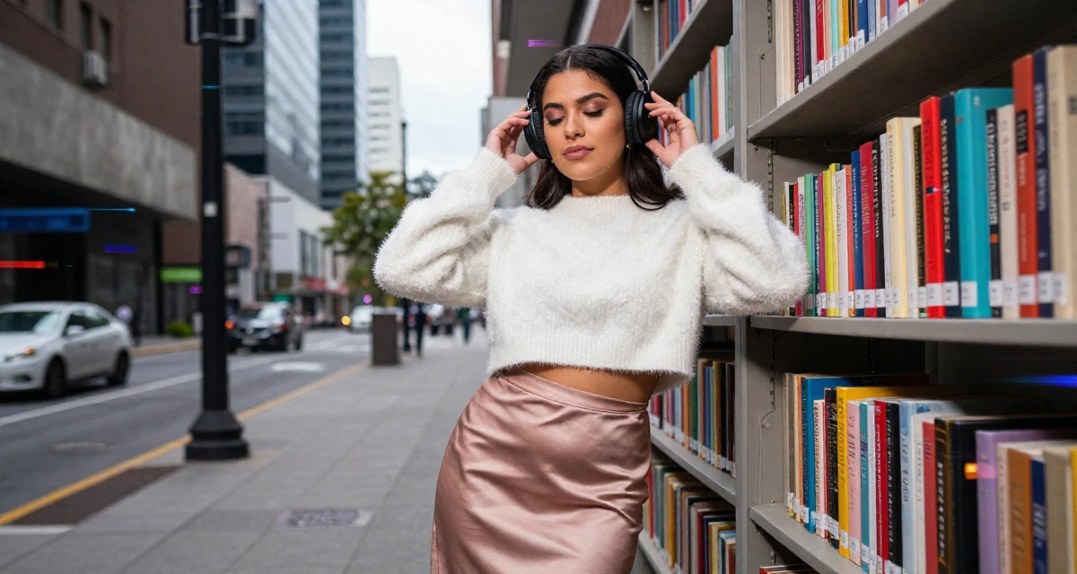 A peaceful Female From Mexico, based in Monterrey, graduated from a private university majoring in communication studies in their 21, hiding insecurity behind a perfect makeup look, wearing a satin midi skirt and a fuzzy cropped sweater, adjusting headphones in a city sidewalk.