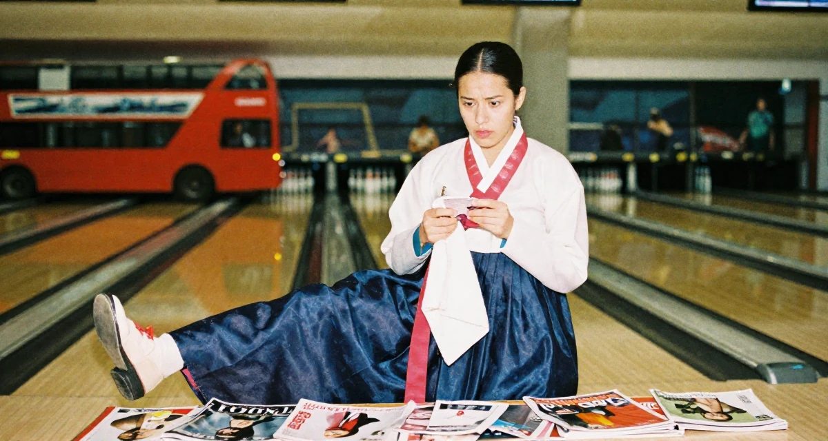 A stunned Female From Italy, studied restoration of cultural heritage in their 23, pretending everything is fine while barely covering bills, wearing a traditional hanbok modified for a modern look, holding a gym towel in a bowling alley.
