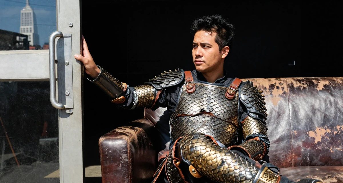 A thoughtful male From USA, majored in journalism and media studies in their 20, working a chaotic part-time job, wearing a dragon scale armor texture with metallic sheen, pushing a door open in a concert hall.