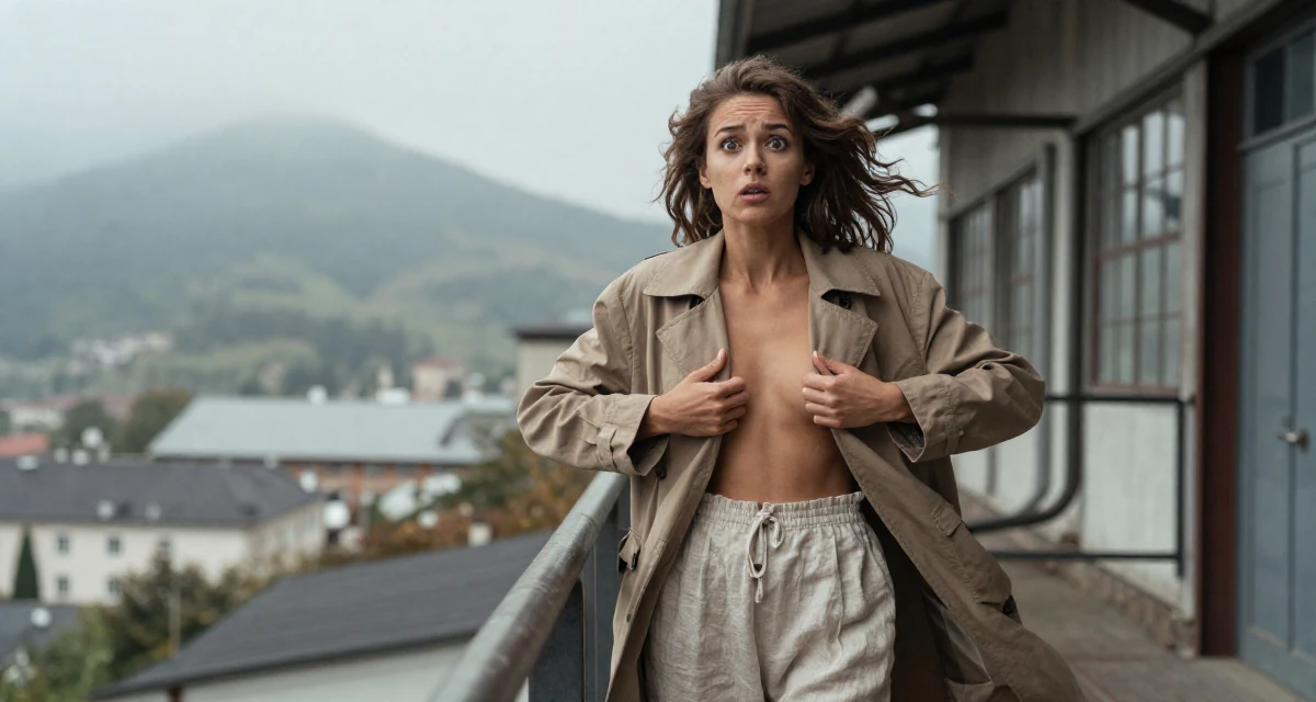 A introspective Female From Kraków Poland, majored in European studies in their 20, eyes wide with wonder and confusion, wearing a loose-fitting linen trousers, unbuttoning a coat in a industrial warehouse.