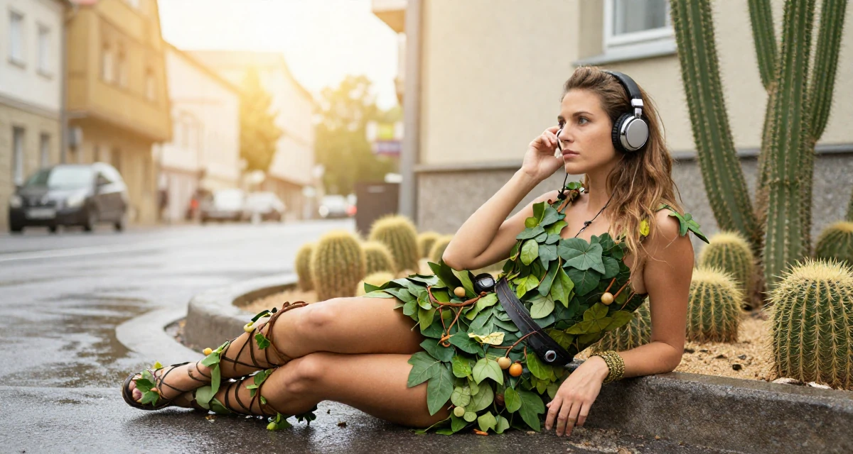 A pensive Female From Munich Germany, studied mechanical engineering in their 25, becoming more intentional with time and focus, wearing a forest dryad costume made of leaves and vines, adjusting headphones in a rainy street corner.