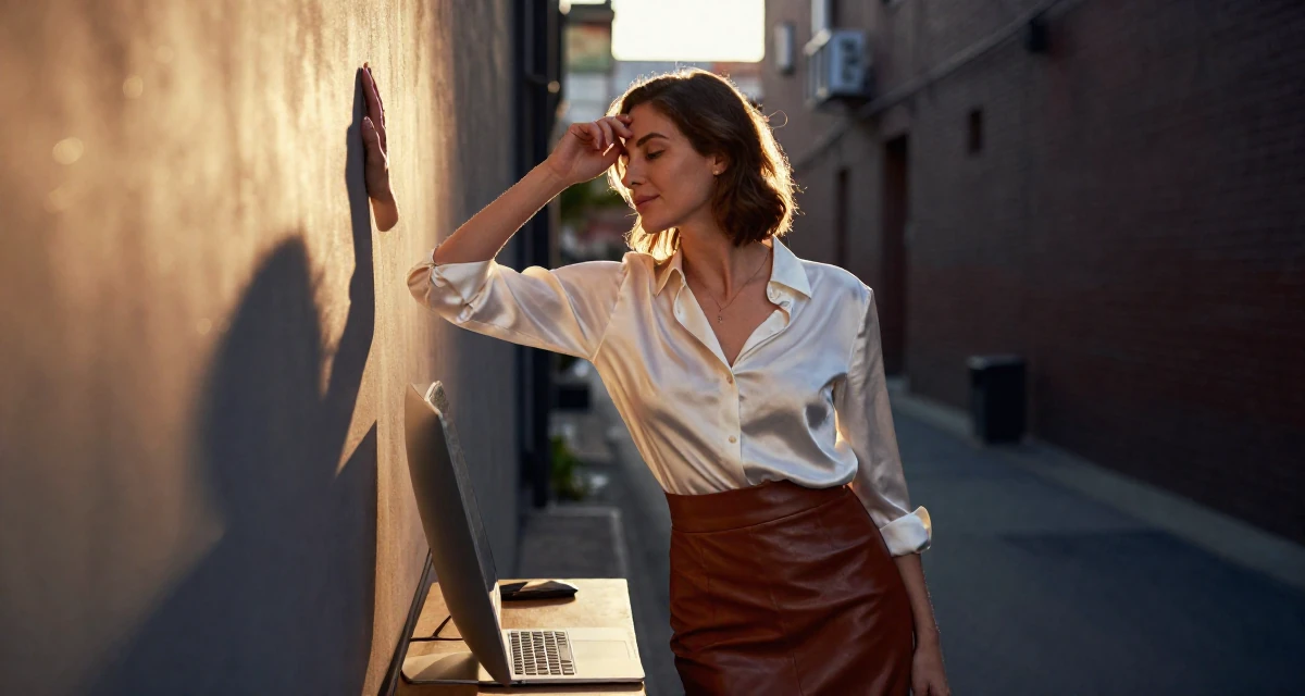 A relaxed Female Once a logistics temp worker, now enjoying flexible creator life in their 25, appreciating quiet mornings and routines, wearing a white silk shirt tucked into a leather pencil skirt, resting a hand on the forehead in a yoga studio.