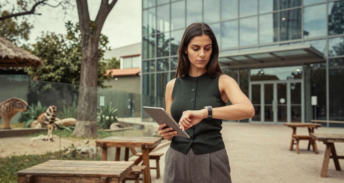 A guarded Female From Portugal, majored in architecture in their 23, wearing smart casual and checking a watch, wearing a fitted vest top worn without a shirt underneath and slacks, holding a tablet in a zoo enclosure path.