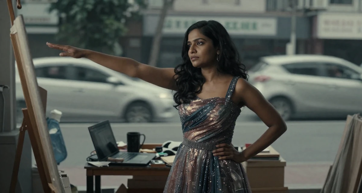 A zoned out Female From Sri Lanka, studied digital commerce in their 41, sharing tips for staying relevant in tech, wearing a galactic princess gown with metallic fabrics, stretching arms in a messy artist studio.