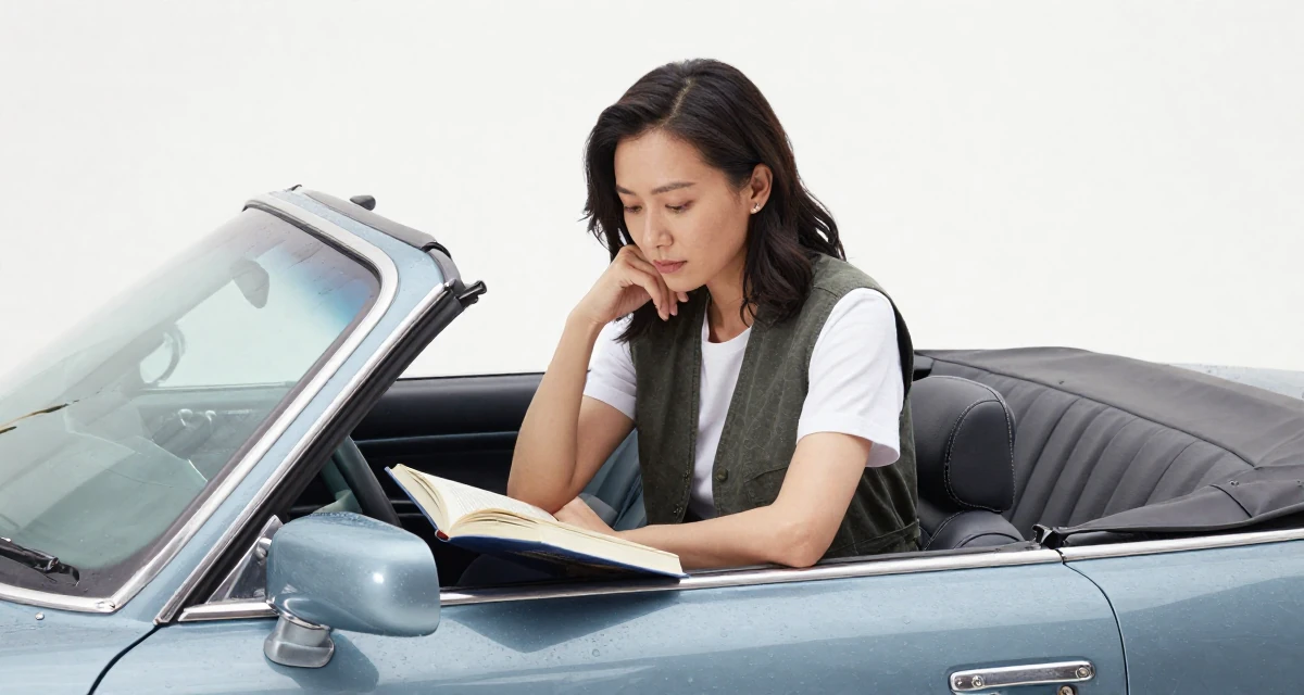 A thoughtful Female From Chinese-speaking regions, studied petroleum economics in their 41, rediscovering personal style after forty, wearing a casual vest and t-shirt layer, reading a book intently in a vintage convertible car.