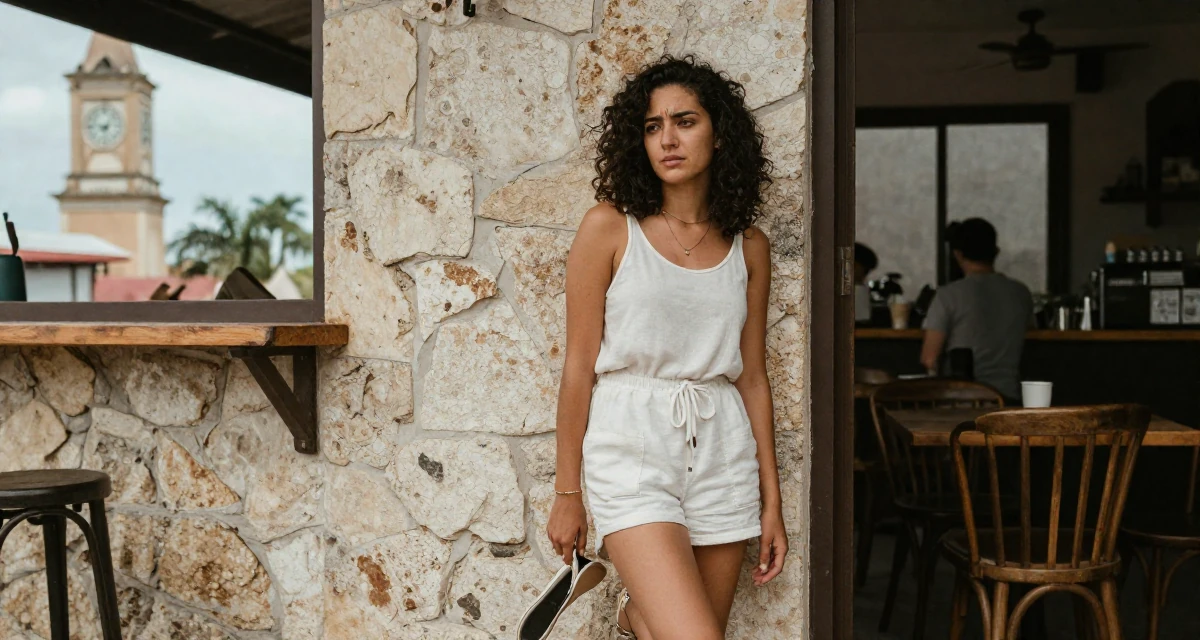 A troubled Female From Jamaica, studied event management in their 21, embracing a carefree bohemian lifestyle, wearing a urban minimalist silhouette, dangling a shoe from one foot in a coffee shop corner.