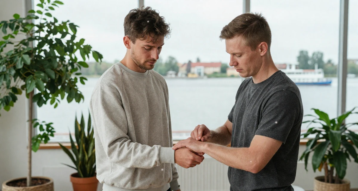 A shy male From Gothenburg Sweden, trained in athletic movement and strength flow in their 43, mentoring young professionals in the field, wearing a relaxed streetwear, fixing a cufflink in a photo studio.