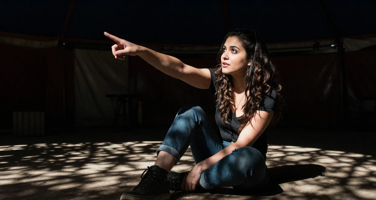 A harmonious Female From United States, majored in forestry studies in their 24, feeling a quarter-life crisis approaching, wearing a casual weekend brunch outfit, pointing at something distant in a circus tent interior.