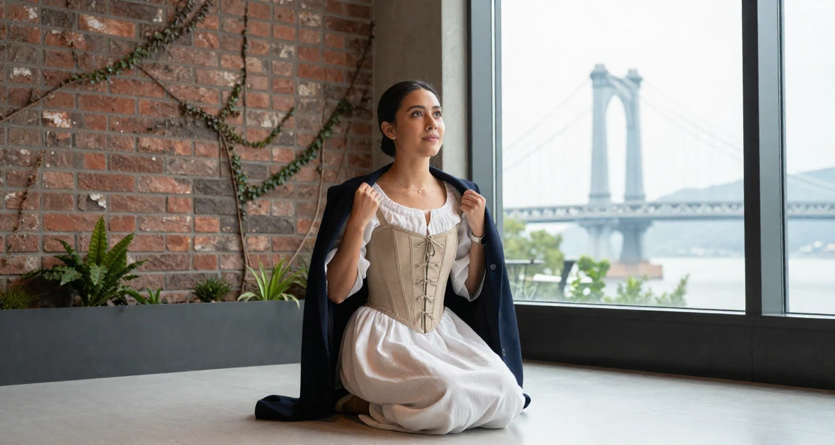 A triumphant Female Former pharmacist in training, now teaching wellness routines online in their 22, looking at the world with fresh ambitious eyes, wearing a peasant girl corset dress with a white blouse, putting on a jacket in a luxury hotel lobby.