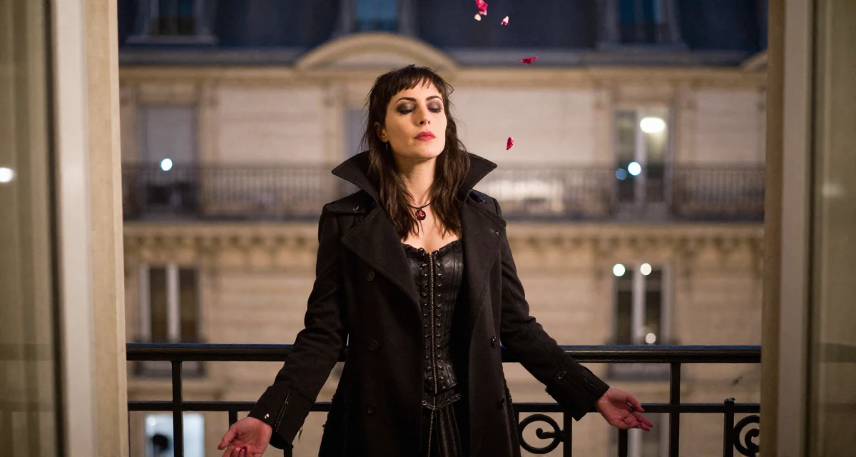 A self-assured Female From Paris France, majored in cultural studies in their 45, focusing on mental clarity and meditation, wearing a gothic vampire hunter outfit with a long coat, catching a falling flower petal in a luxury penthouse balcony.
